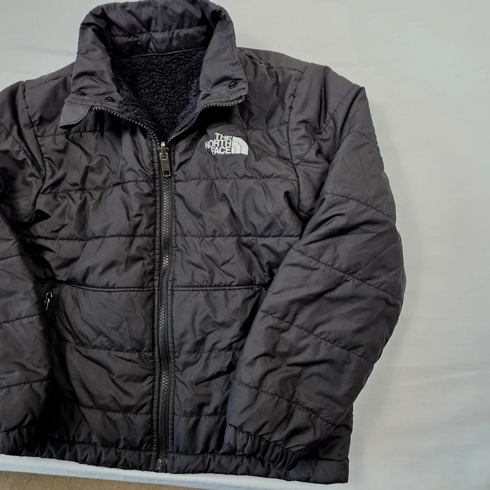 The North Face Reversible Fleece Puffer Jacket Kids Youth Sz L Black Logo Winter